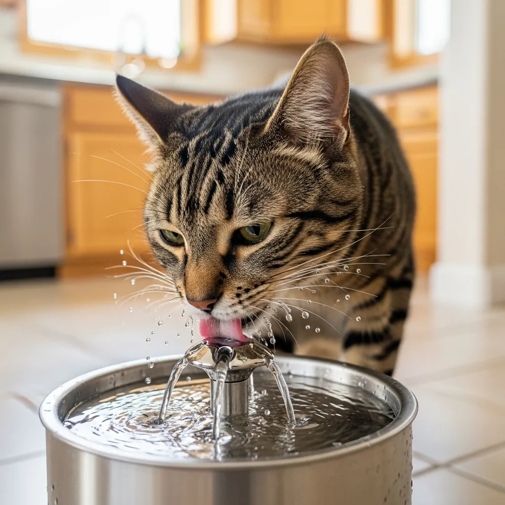 Cat Hiccups 5 Tabby cat drinking from a pet fountain to stay hydrated and reduce hiccups.