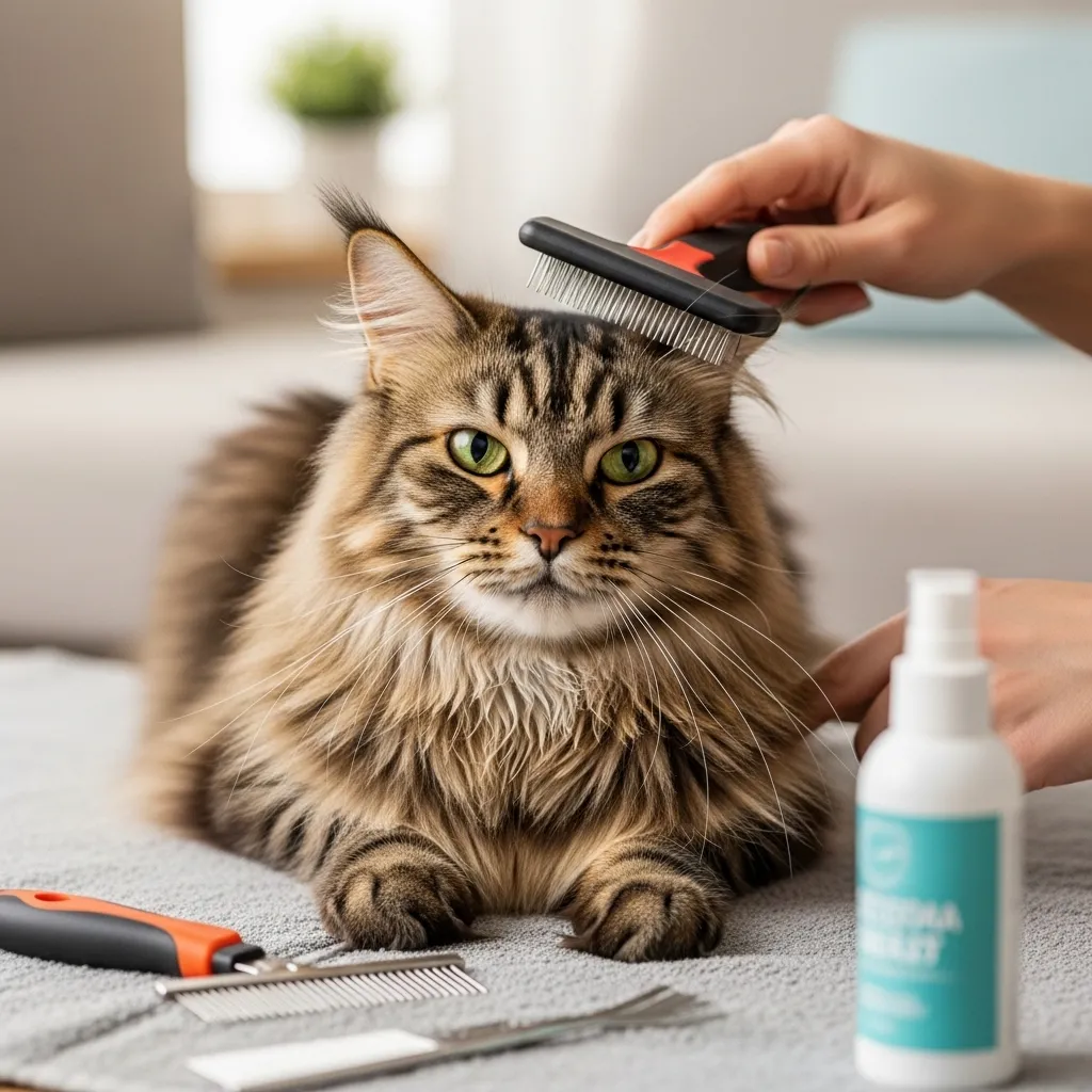 How to Tackle Cat Matted Fur 1 A long-haired cat with a smooth coat being gently brushed with a slicker brush in a cozy home setting, surrounded by grooming tools.