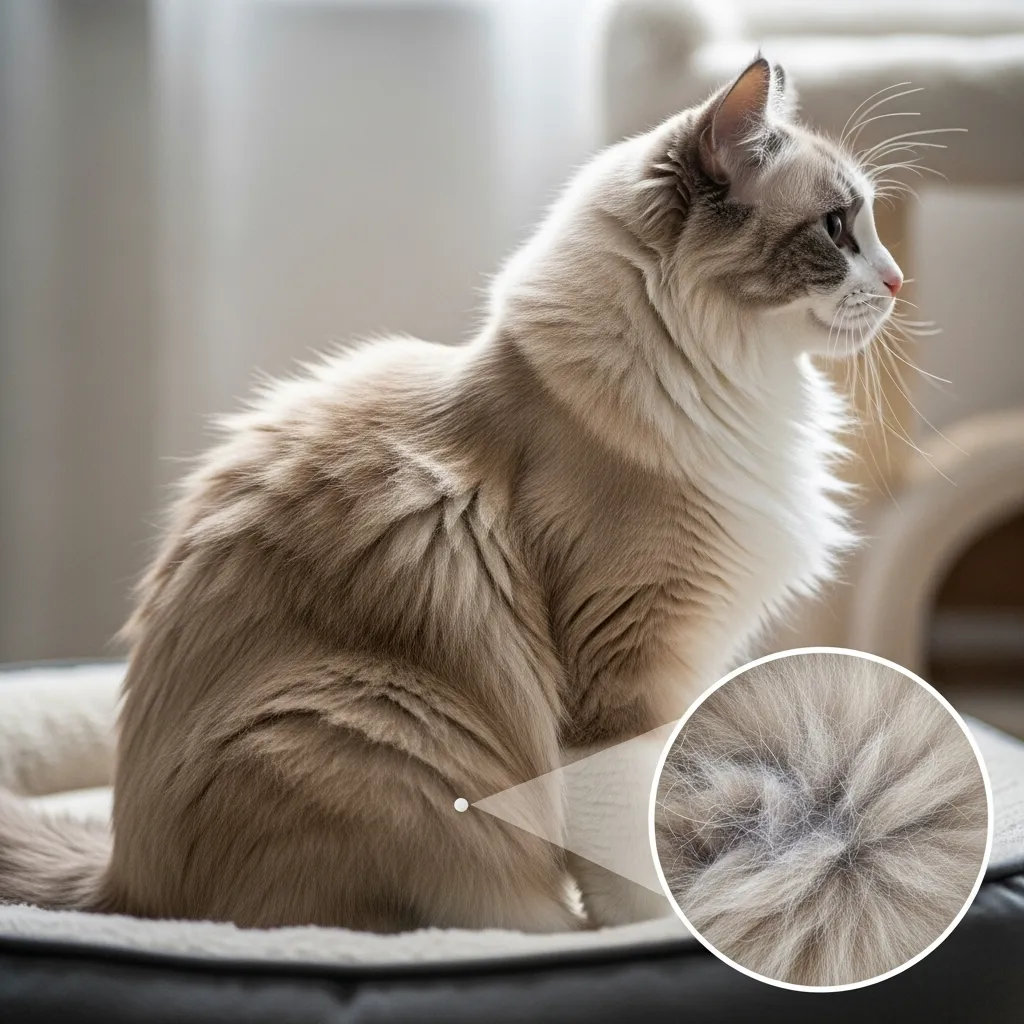 How to Tackle Cat Matted Fur 2 A long-haired Ragdoll cat with small mats on its hindquarters, sitting on a pet bed, with a close-up inset showing tangled fur.
