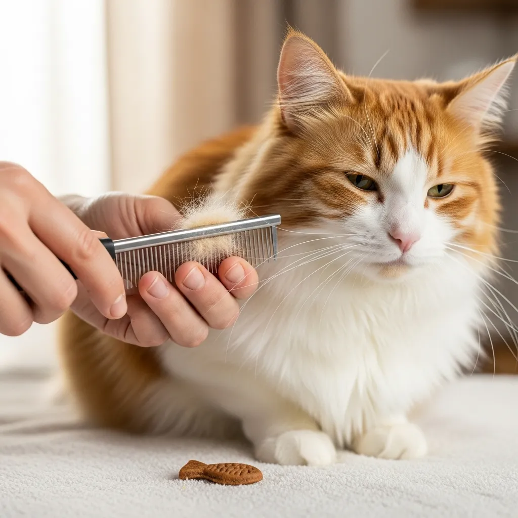 How to Tackle Cat Matted Fur 3 A person gently using a de-matting comb to remove a small mat from a calm cat’s fur, with a treat nearby on a towel.