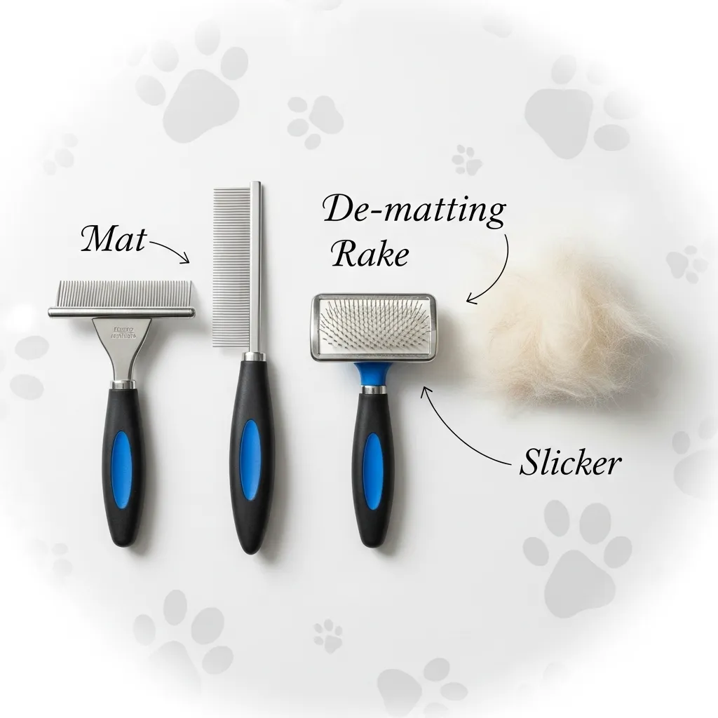 How to Tackle Cat Matted Fur 4 A display of cat grooming tools, including a mat comb, de-matting rake, and slicker brush, arranged on a white surface with loose cat fur nearby.