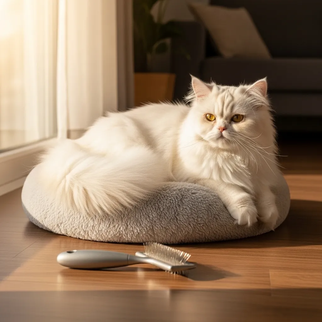 How to Tackle Cat Matted Fur 5 A fluffy Persian cat with a smooth, mat-free coat lounging on a pet bed, with a slicker brush nearby in a sunlit room.