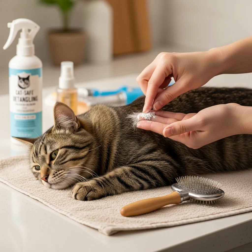 How to Tackle Cat Matted Fur 6 A person gently applying cornstarch to a cat’s small mat in a clean grooming area, with a brush and detangling spray nearby.