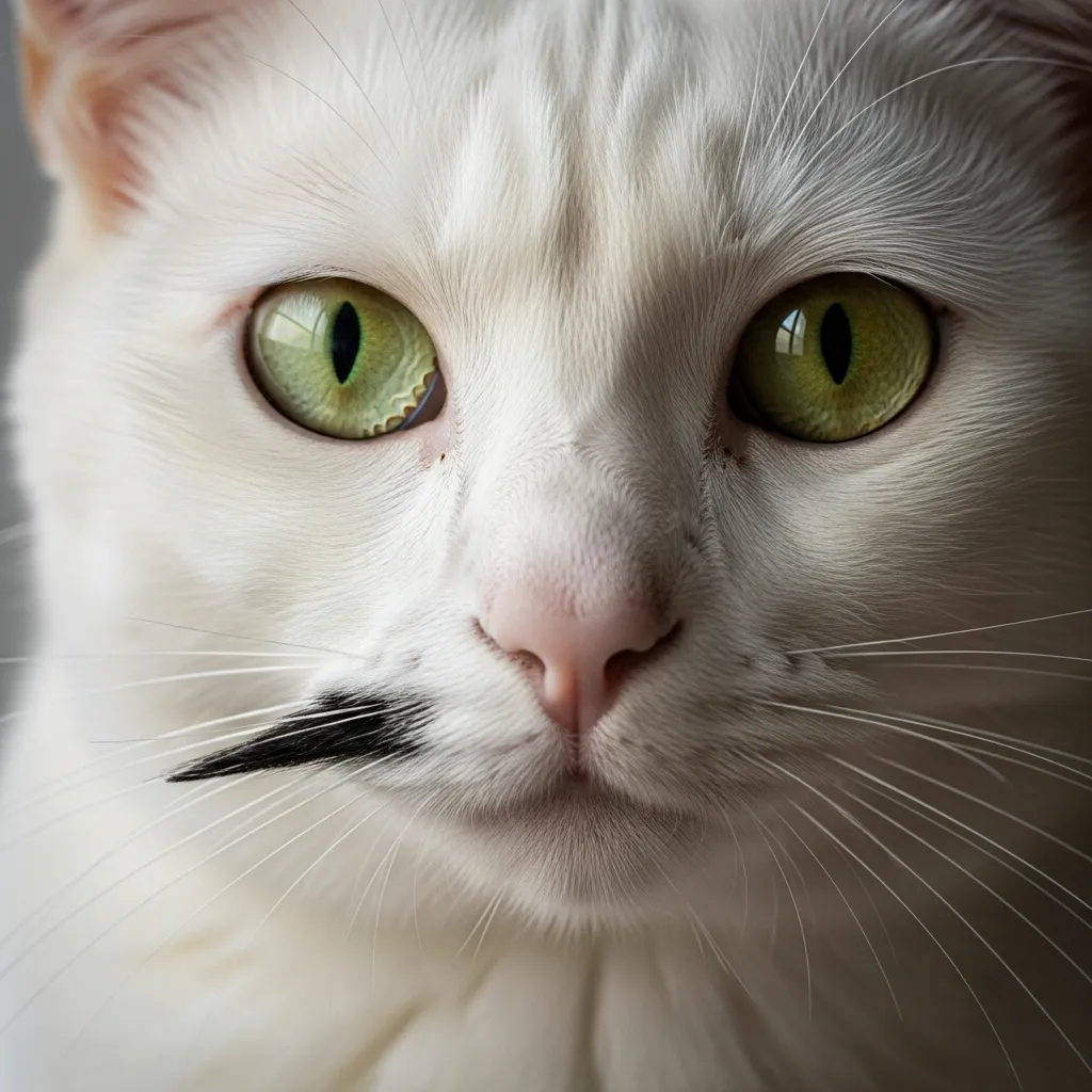 Close-up of a cat with one black whisker among white whiskers, showcasing feline facial features.