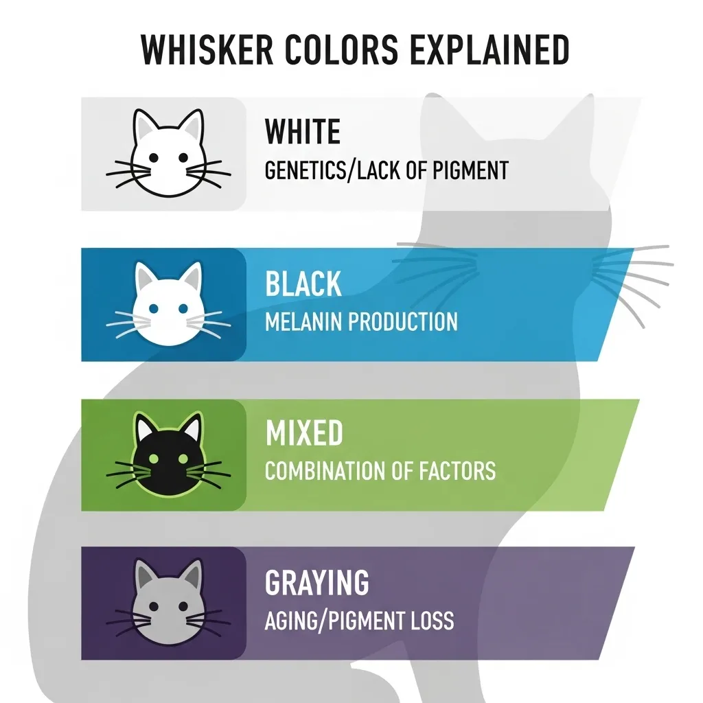 Infographic of cat whisker colors and their causes, featuring a cat silhouette.