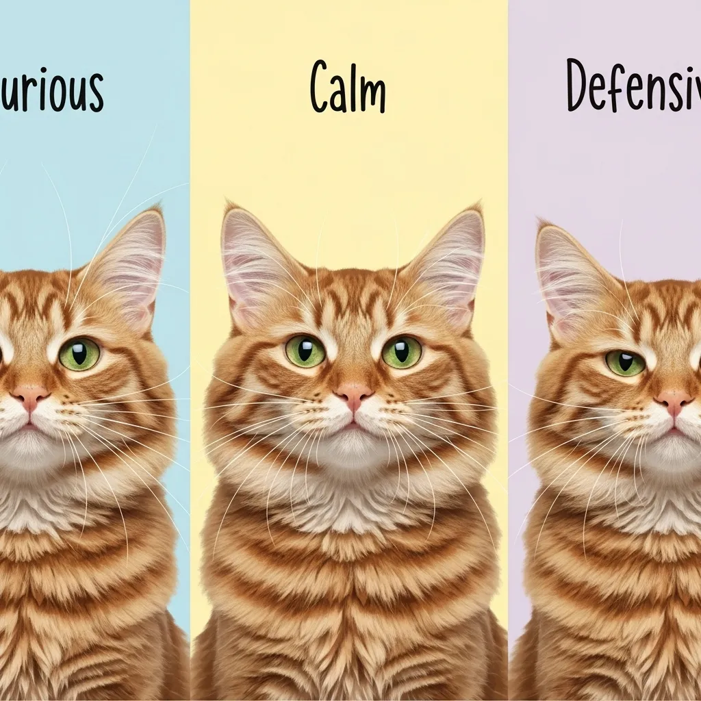 Split-panel image of cat whisker positions showing curious, calm, and defensive emotions.