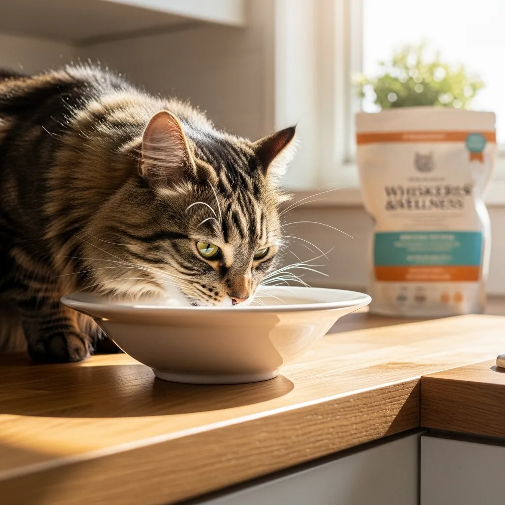 Cat eating from a wide bowl, showcasing whisker-friendly feeding.