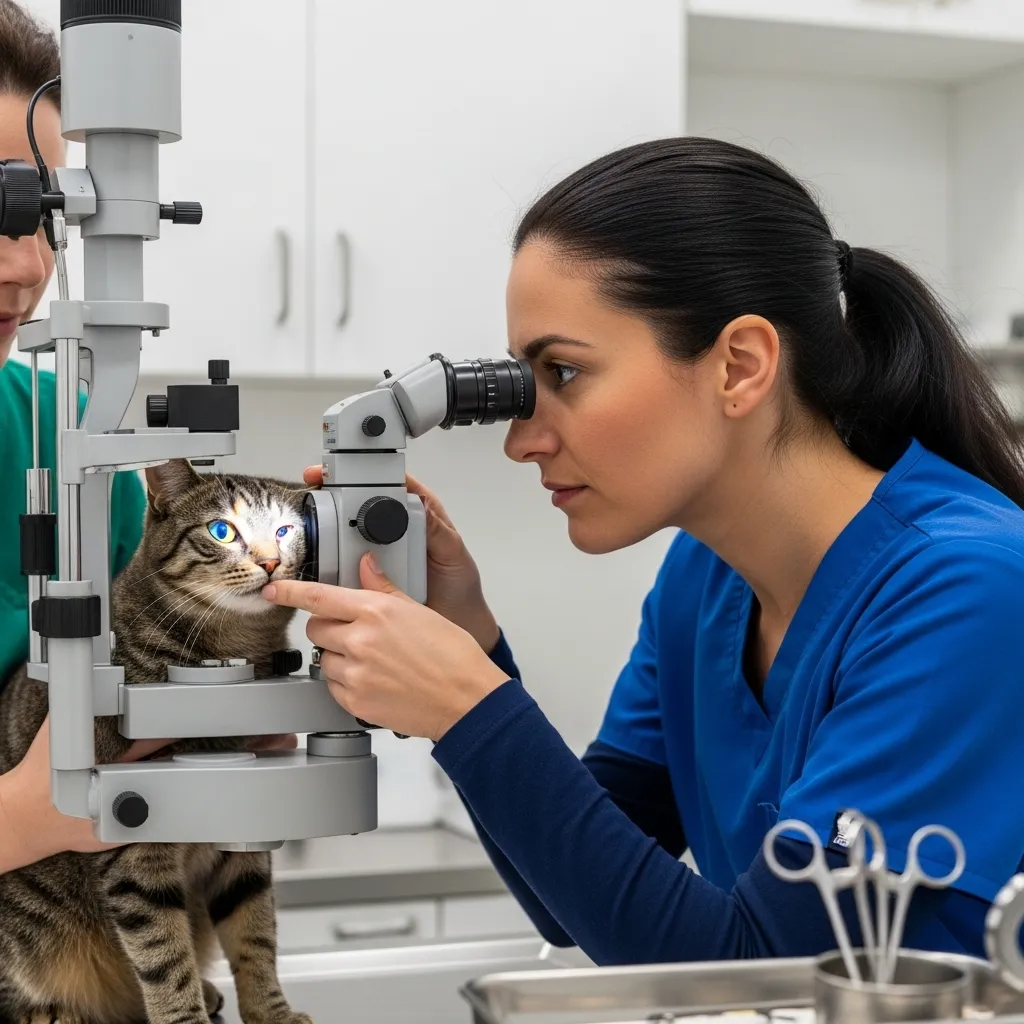 Veterinary ophthalmologist examining a cat’s eye with a slit-lamp for feline eye surgery evaluation.