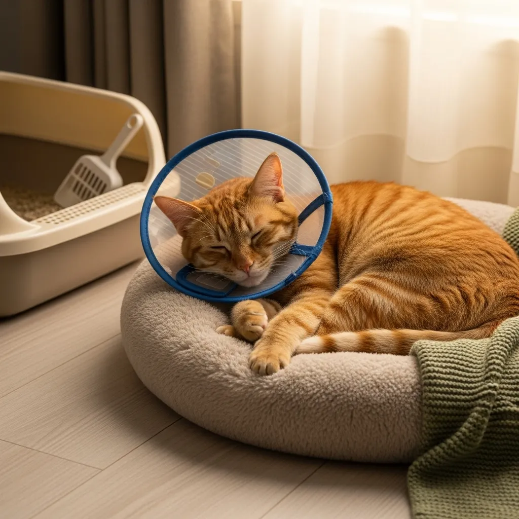 Cat in a soft e-collar resting on a pet bed during cat eye surgery recovery in a cozy home setup.