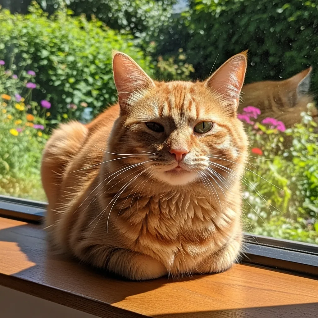 Happy cat with a clear eye post-surgery, basking on a sunny windowsill, showcasing successful cat vision restoration.