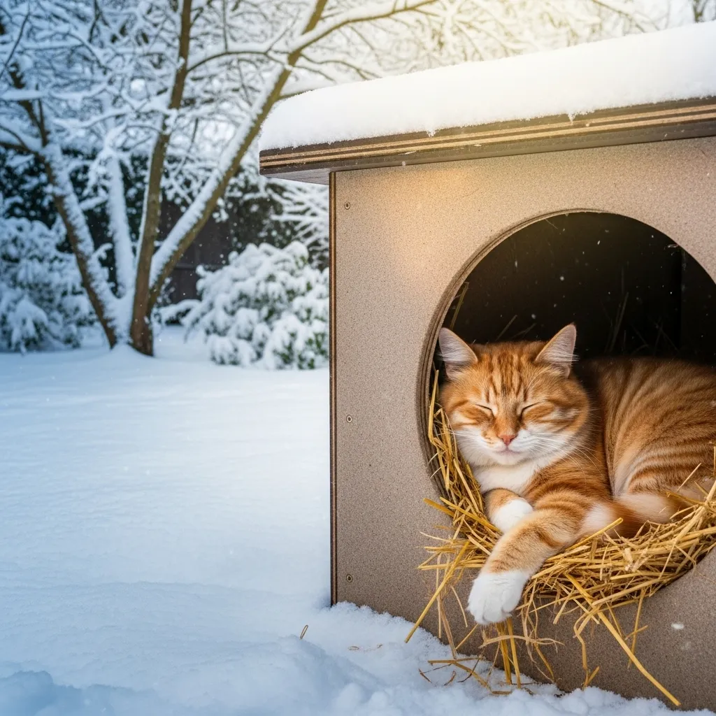 Outdoor cat resting in an insulated winter shelter with straw bedding, surrounded by snow.