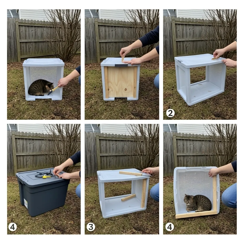 DIY outdoor cat shelter made from a plastic bin with foam insulation and straw bedding.