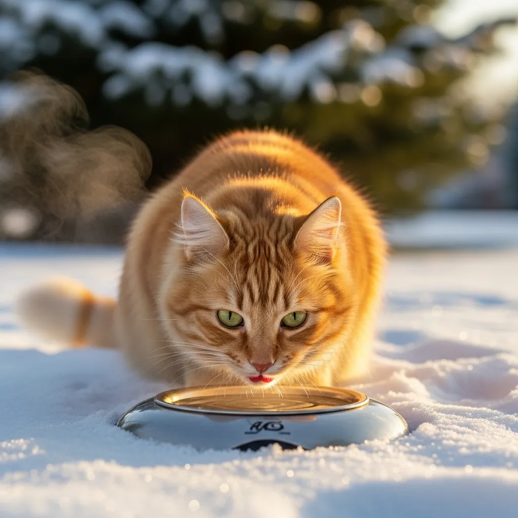 Outdoor cat drinking from a heated water bowl in winter to stay hydrated.