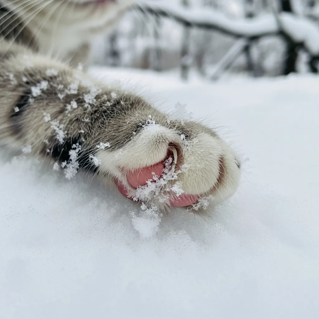 Cat paw showing early frostbite symptoms in a snowy winter setting.