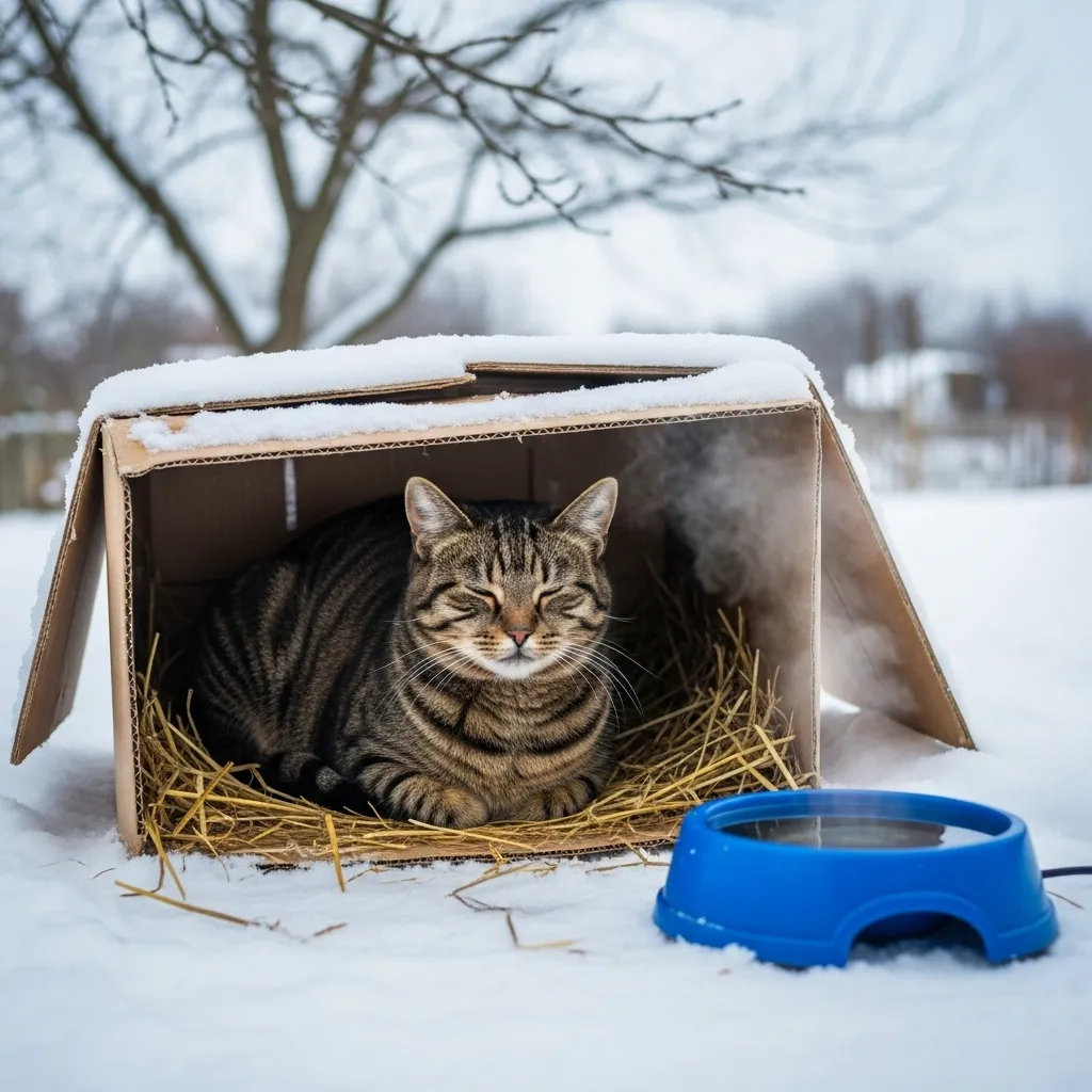 Stray cat resting in a DIY winter shelter with straw and a heated water bowl.