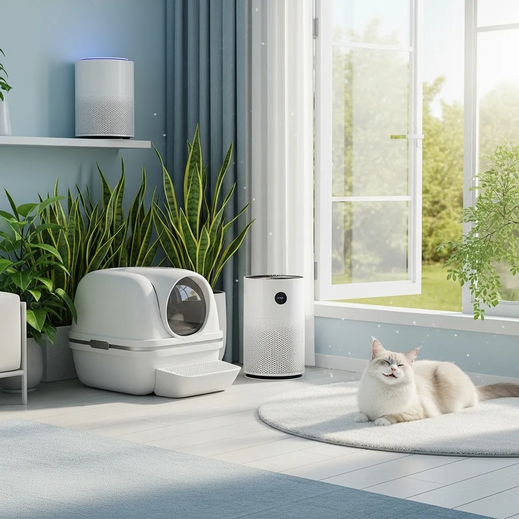 Modern room with a clean cat litter box, green plant, and open window for cat litter odor control.