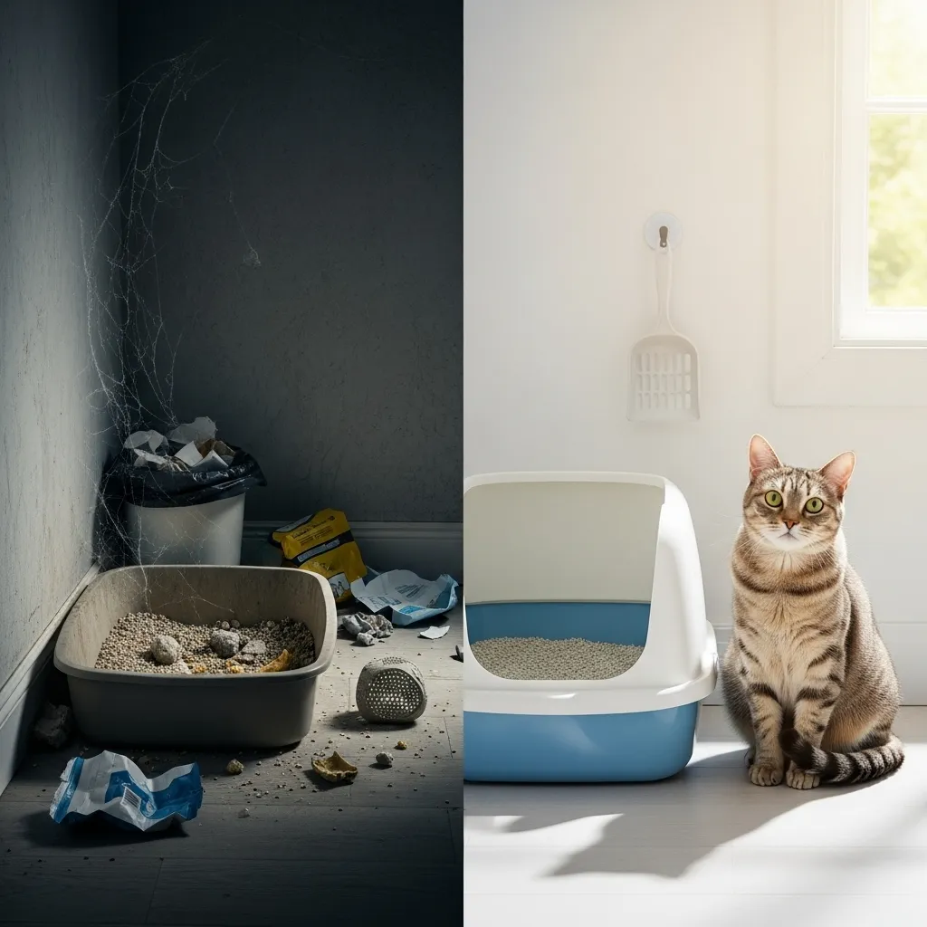 Split image of a dirty vs. clean litter box, highlighting cat litter smell removal tips.