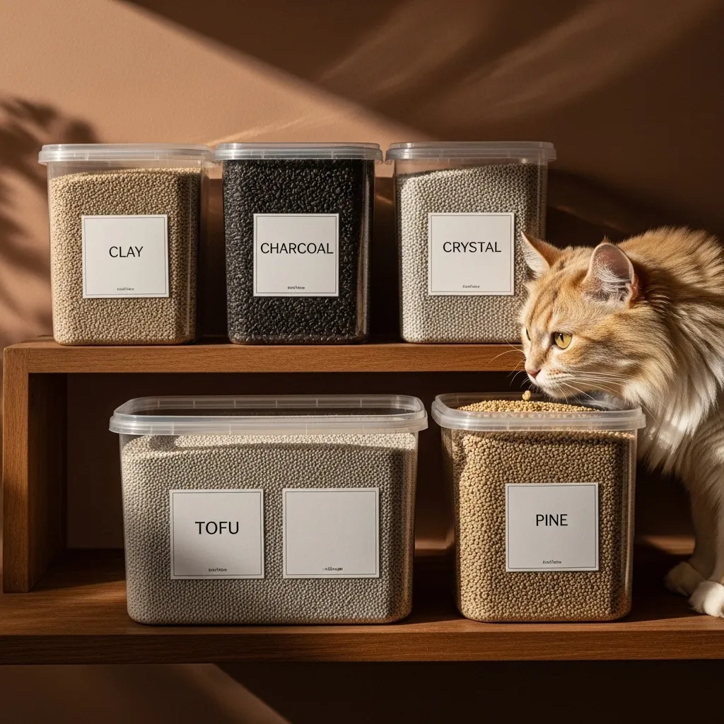 Display of various cat litters for best cat litter for odor control, including clay, charcoal, and tofu.