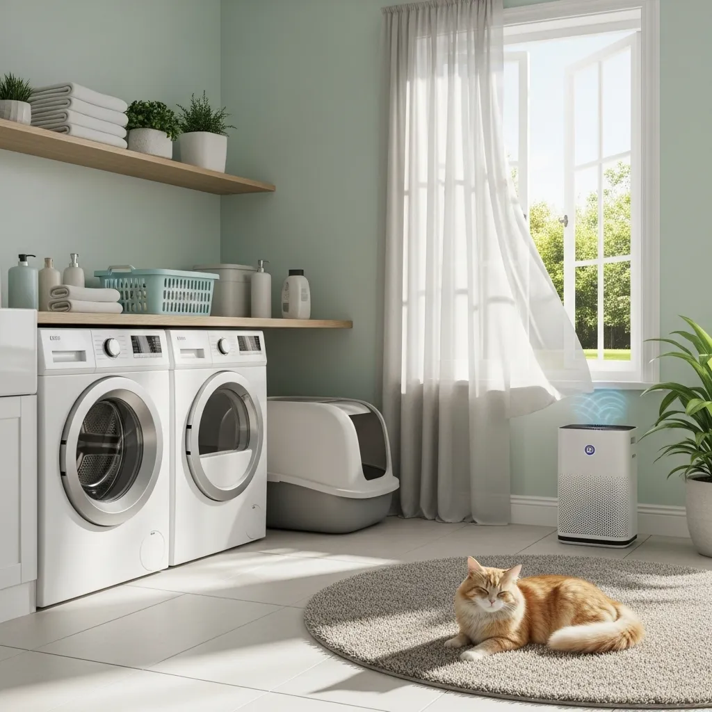 Stylish laundry room with a covered litter box for cat litter box placement ideas.