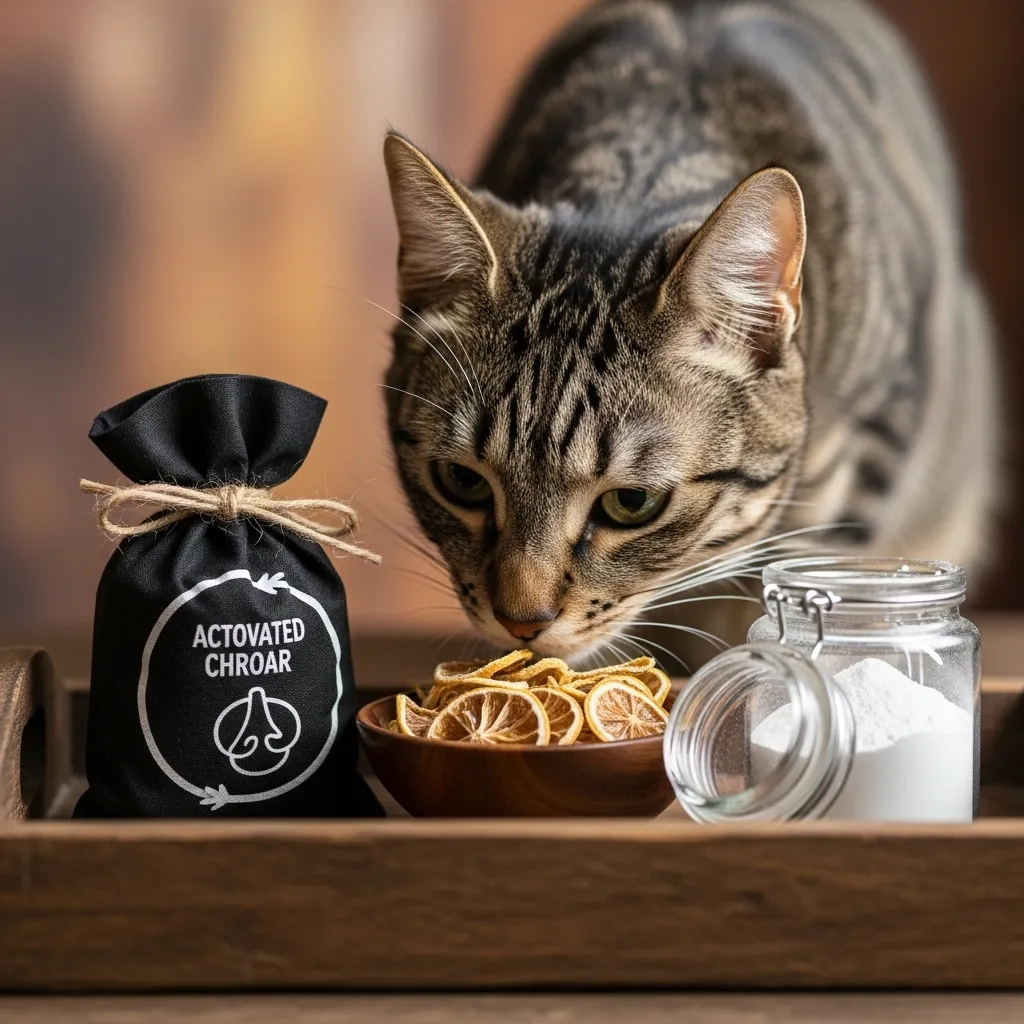 Natural deodorizers like activated charcoal and lemon peels for natural ways to remove cat litter odor.