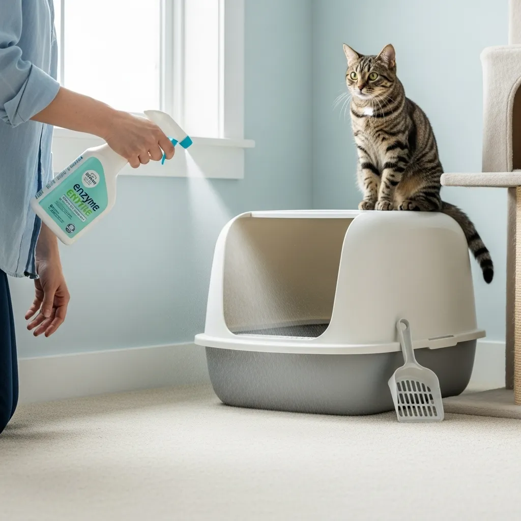 Person using an enzyme cleaner for cat litter smell removal near a litter box.