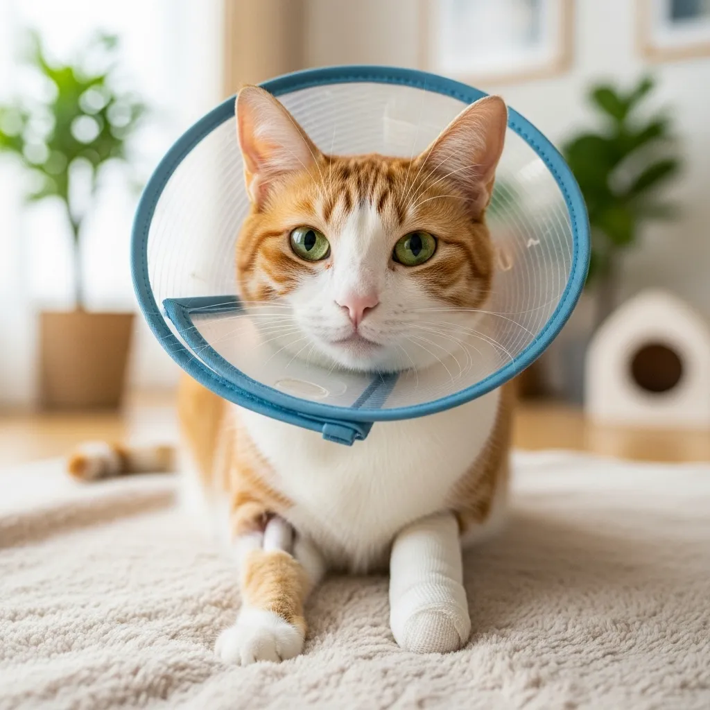 Cat wearing a soft E-collar to prevent wound licking, sitting on a blanket.