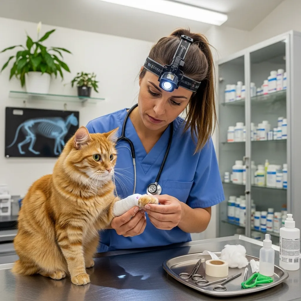 Veterinarian checking a cat’s wound to prevent infection.