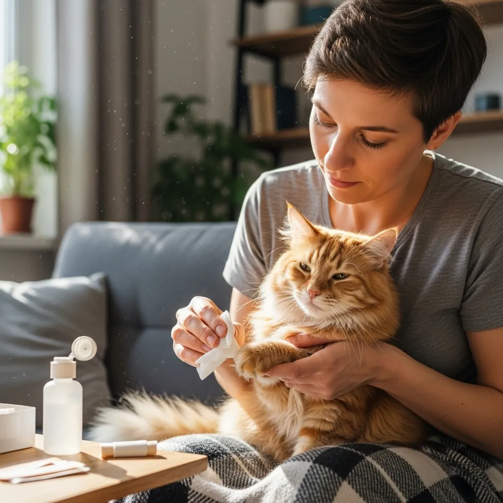 Cat owner cleaning a minor cat wound at home with antiseptic.