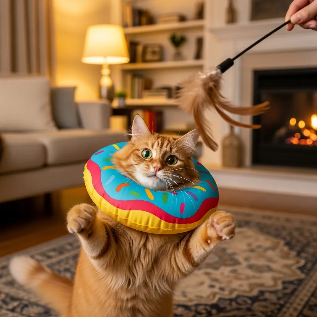Cat in a soft E-collar playing with a toy to prevent wound licking.