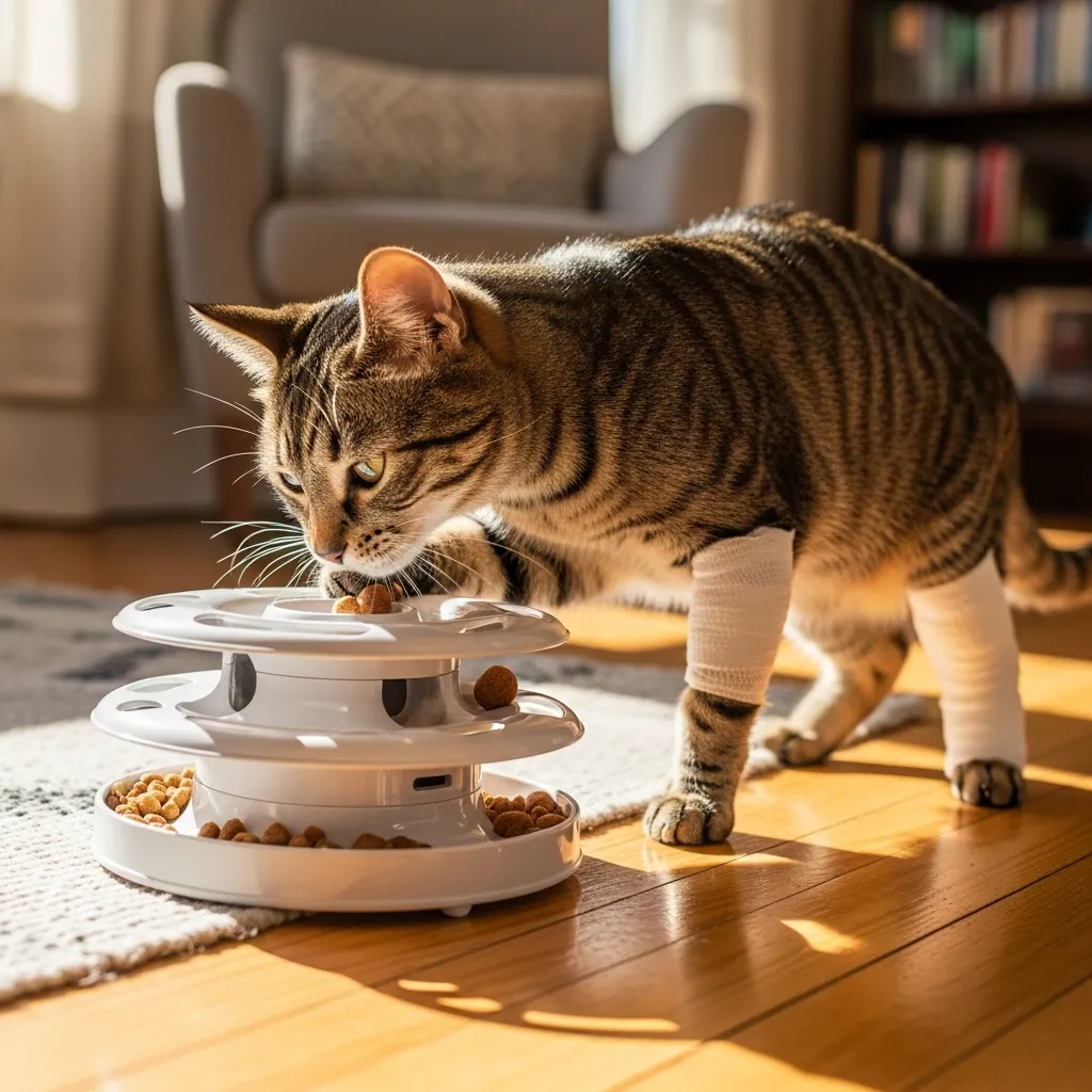 Cat playing with a puzzle feeder to distract from wound licking.