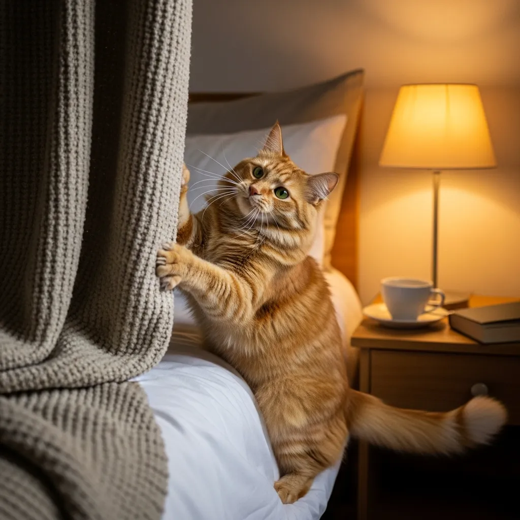 Cat playfully engaging with a blanket in a cozy bedroom at night, illustrating cat humping behavior.