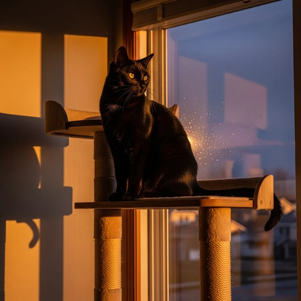 Confident cat on a cat tree at dusk, showcasing cat dominance behavior and territorial instincts.