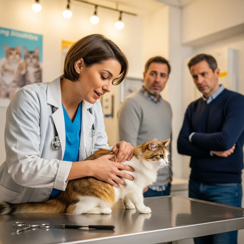 Veterinarian examining a cat for cat behavior problems like humping, highlighting the importance of vet care.