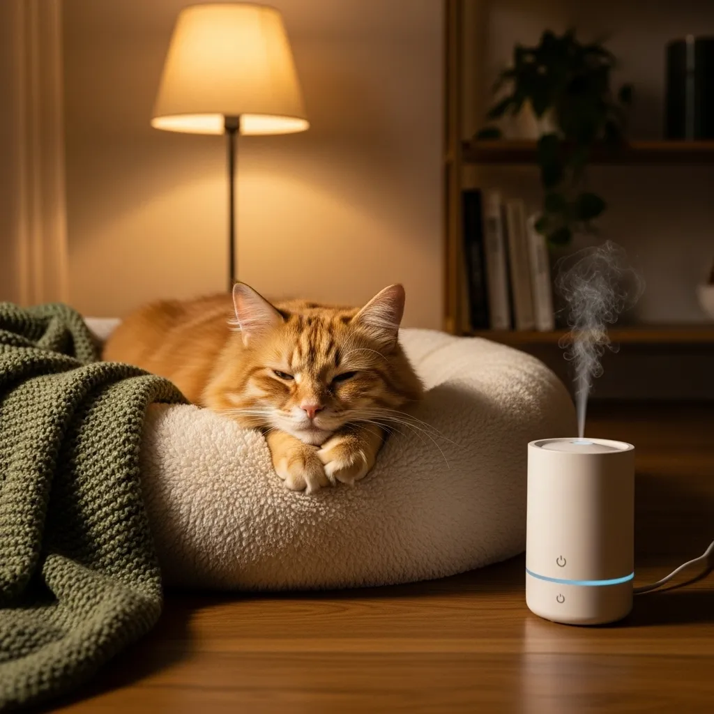Relaxed cat on a cozy bed with a pheromone diffuser, illustrating solutions for cat anxiety at night.