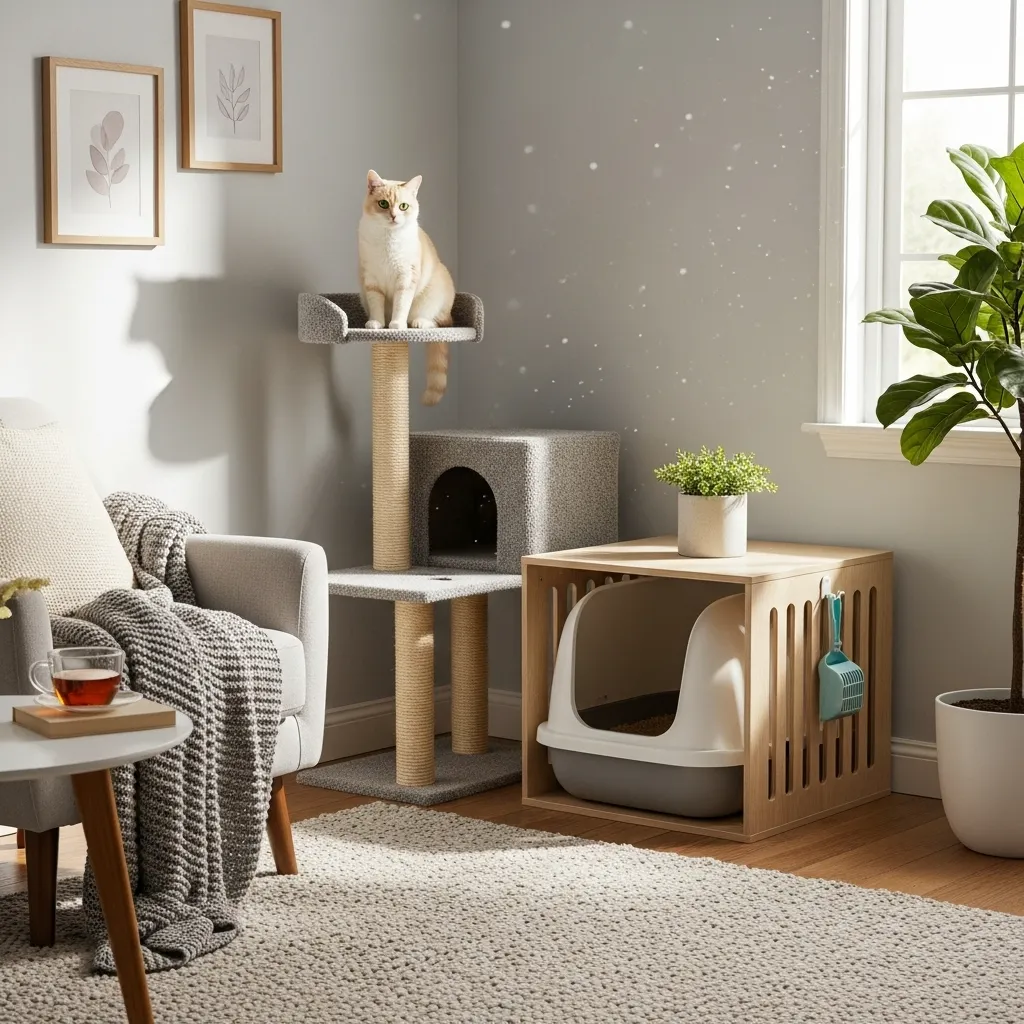 Cat relaxing on a cat tree beside a clean litter box in a cozy living room, illustrating a stress-free environment to prevent inappropriate urination.