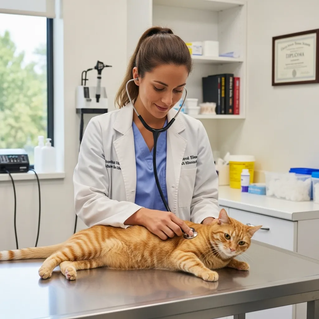 Veterinarian checking a cat’s health to diagnose potential medical causes of inappropriate urination.