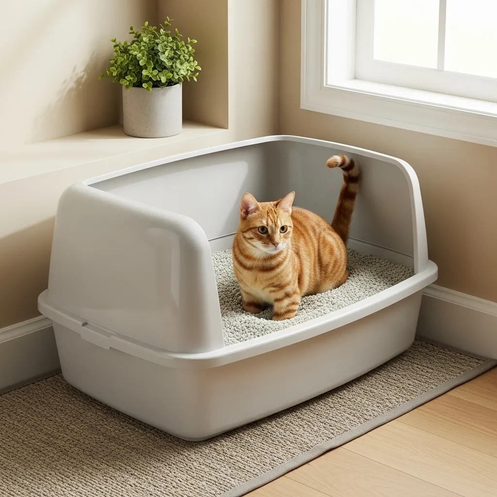 Cat using a clean, well-placed litter box in a quiet home corner to prevent litter box aversion.