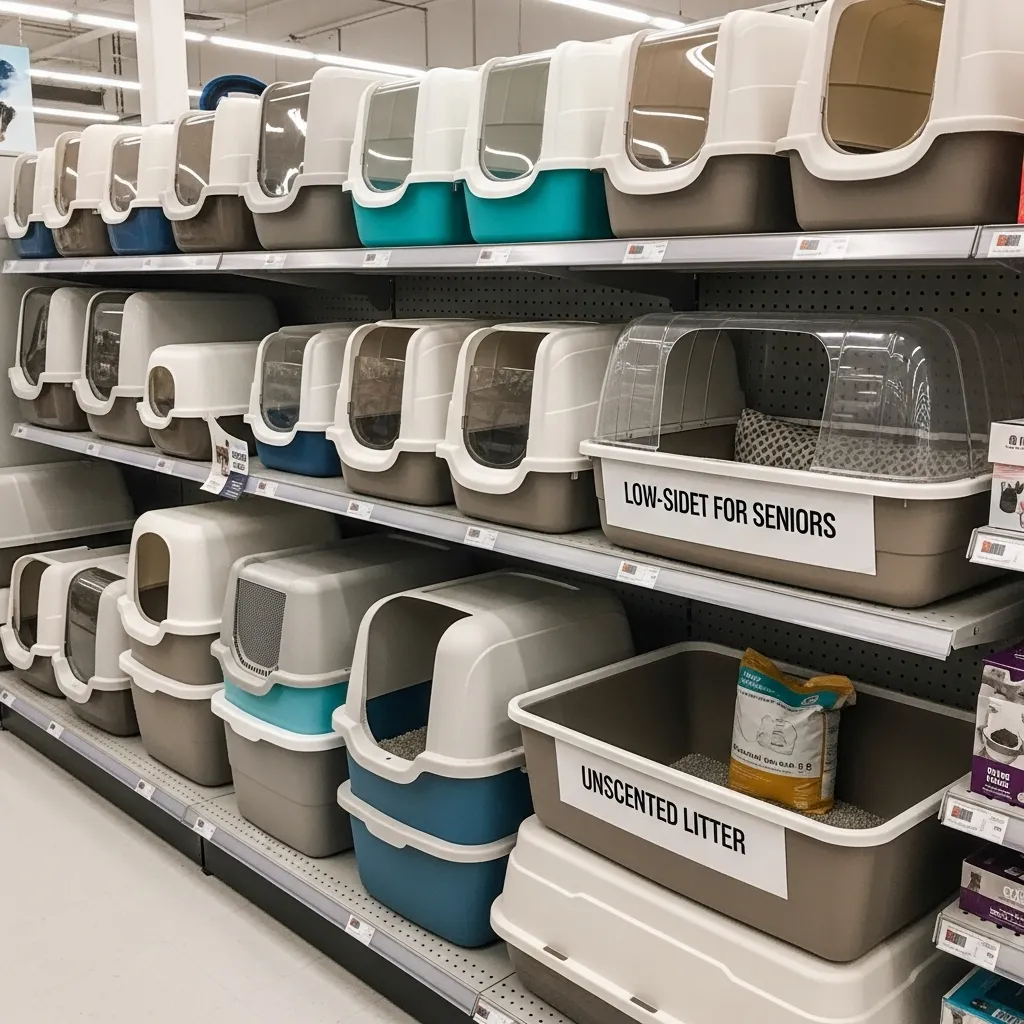 Selection of litter boxes in a pet store, showcasing options to prevent cat litter box aversion.