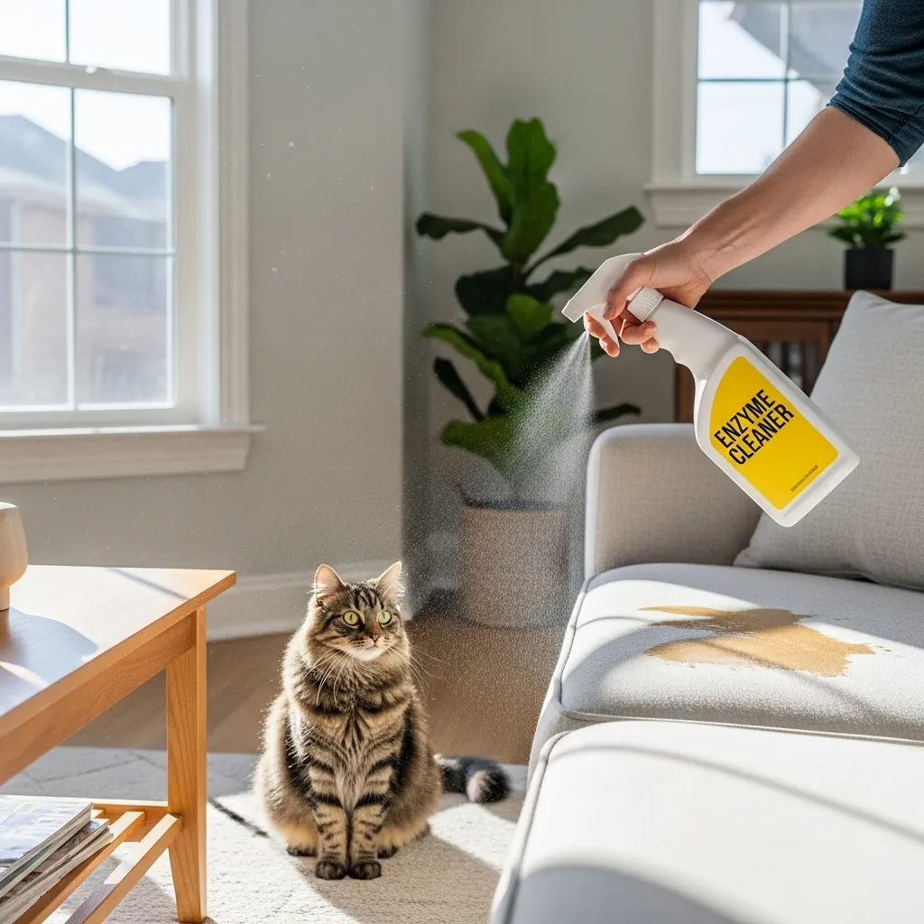 Person spraying enzyme cleaner on a couch to remove cat urine odor, with a cat in the background.