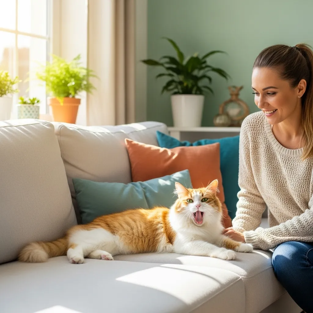 Happy cat on a clean couch with a smiling owner, representing a home free of cat peeing problems.