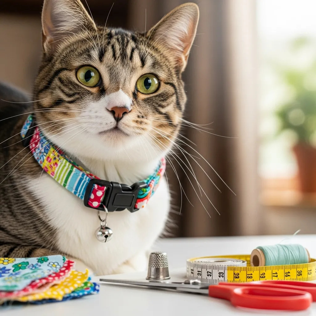 Cat wearing a colorful DIY cat collar with a bell, surrounded by craft supplies like fabric and scissors.