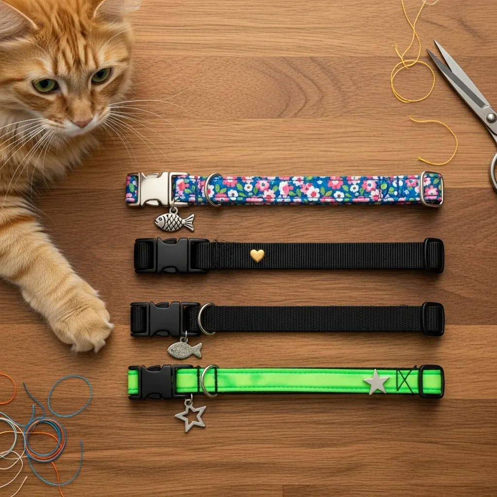Three DIY cat collars (floral, minimalist, glow-in-the-dark) with breakaway buckles, displayed on a table with a cat in the background.