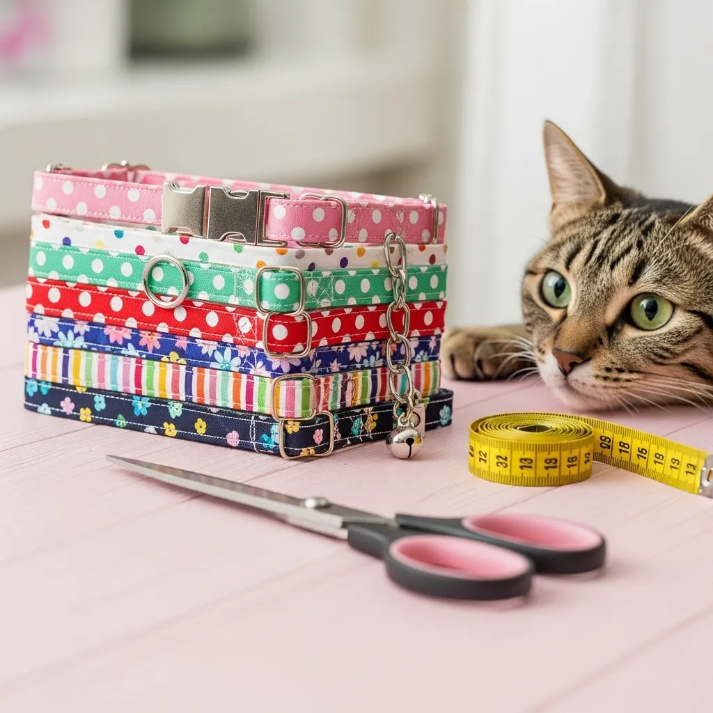 Cat collar materials (fabric, breakaway buckle, D-ring, bell) on a craft table with a curious cat nearby.