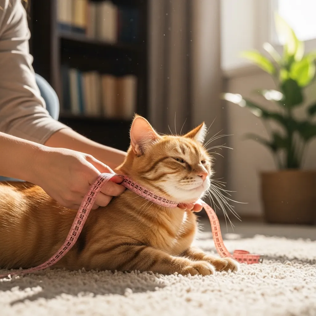Measuring a cat’s neck with a tape for a DIY cat collar in a cozy indoor setting.