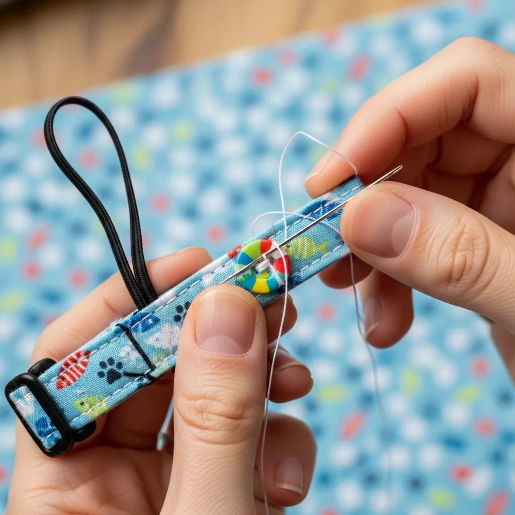 Sewing a DIY cat collar with needle and thread, featuring a breakaway buckle.
