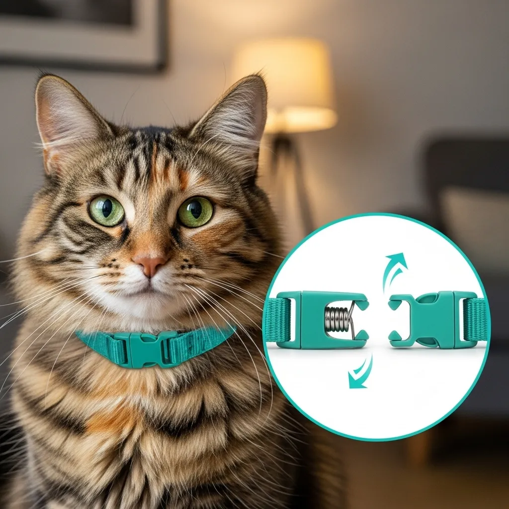 Cat with a breakaway buckle DIY cat collar, inset showing buckle release for safety.