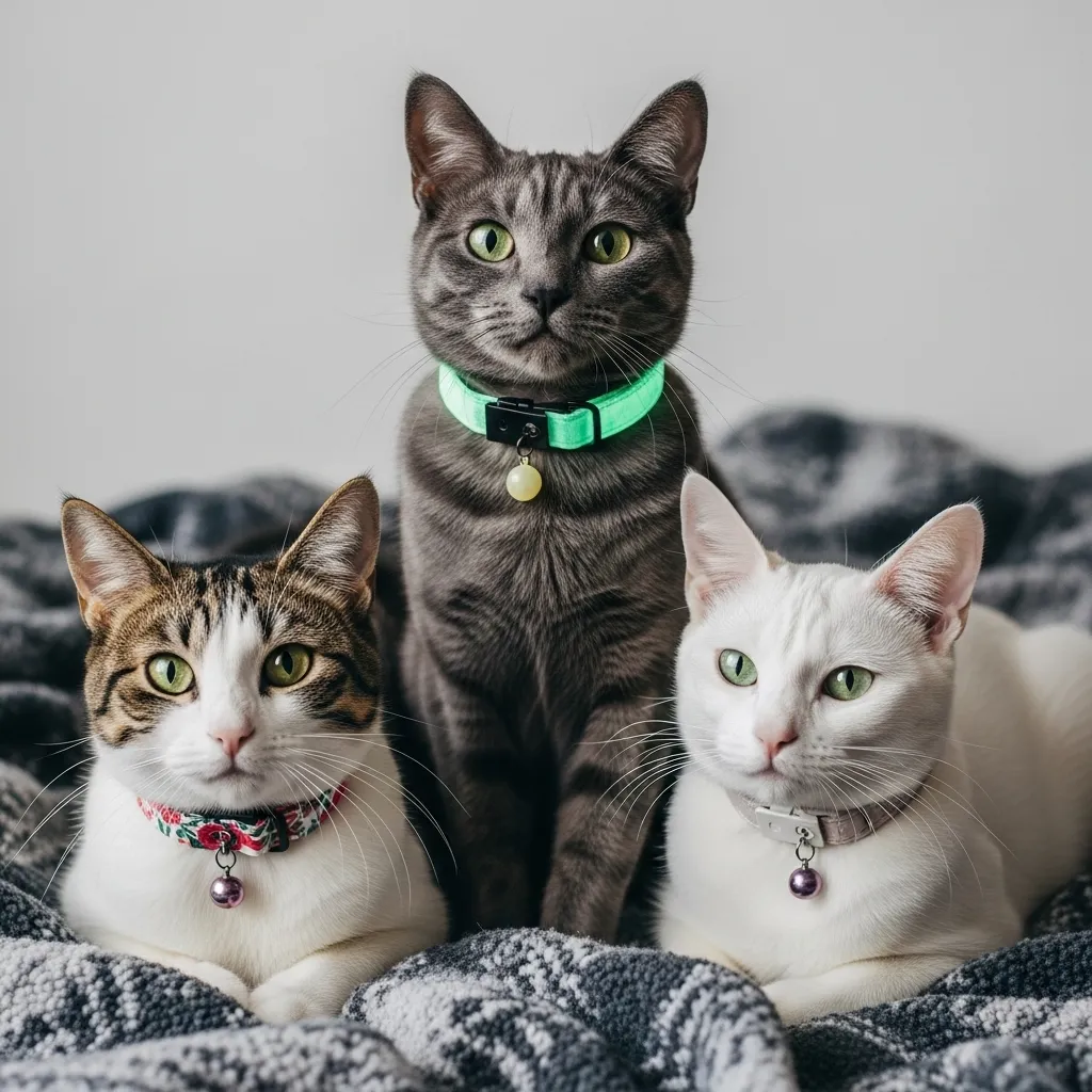 Three cats in DIY cat collars (floral, glow-in-the-dark, minimalist) on a cozy blanket.