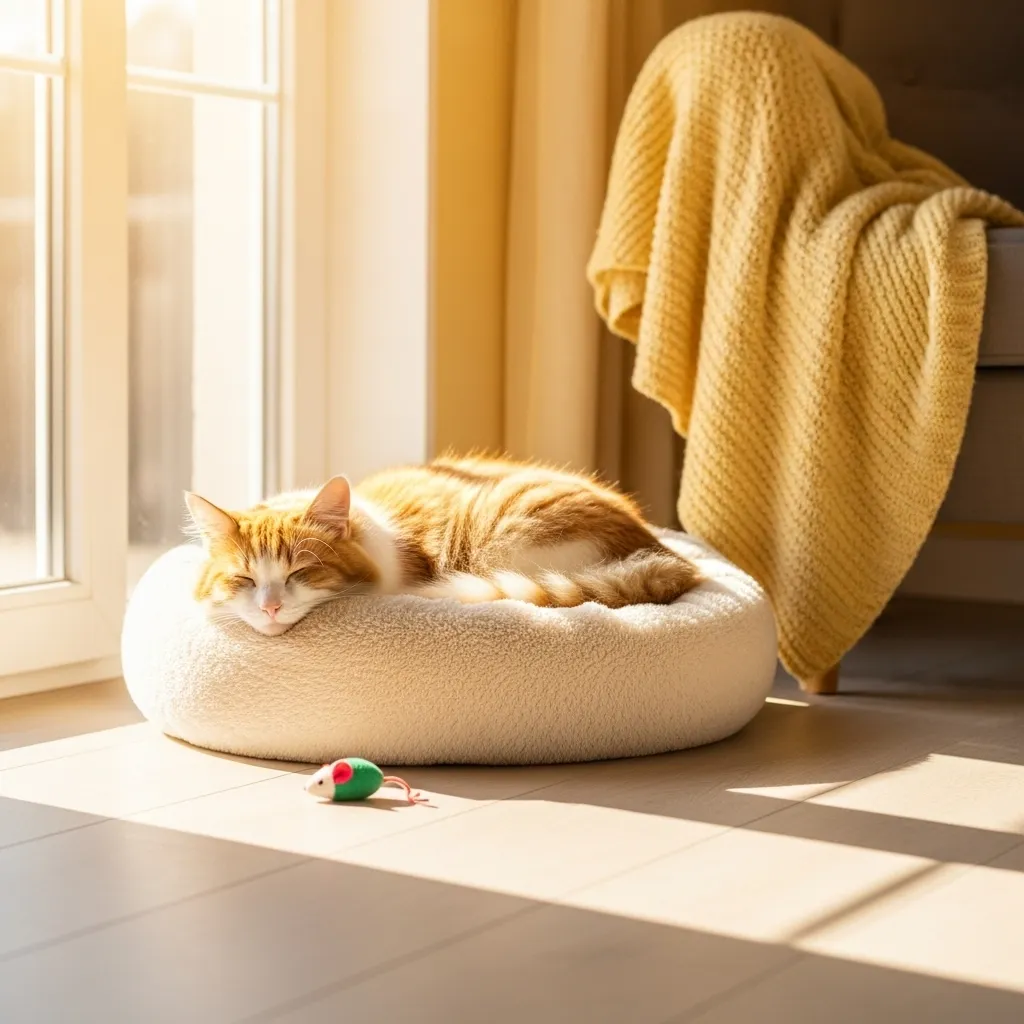 Cozy cat resting in a soft bed Distant  by a sunny window, showcasing a calm feline environment.