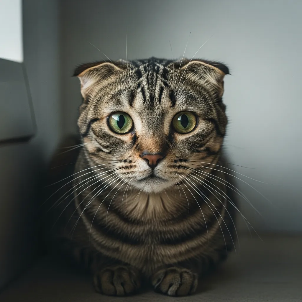 Alert cat with wide eyes and flattened ears in a corner, showing signs of stress.