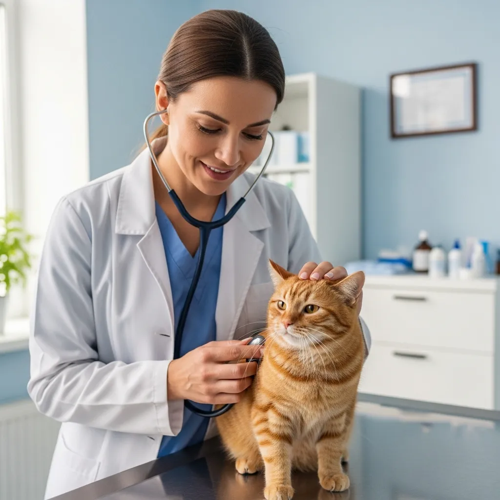 Veterinarian examining a cat on a table, highlighting the importance of vet care for feline health.
